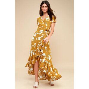 Lulus Vineyard Vacation Dark Yellow Floral High Low Wrap Dress Small
